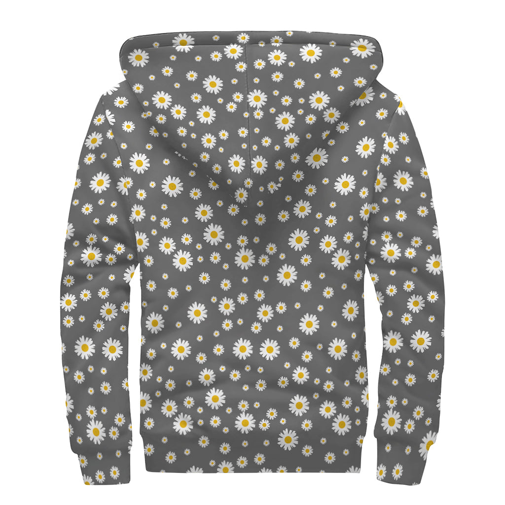 Grey Daisy Floral Pattern Print Sherpa Lined Zip Up Hoodie