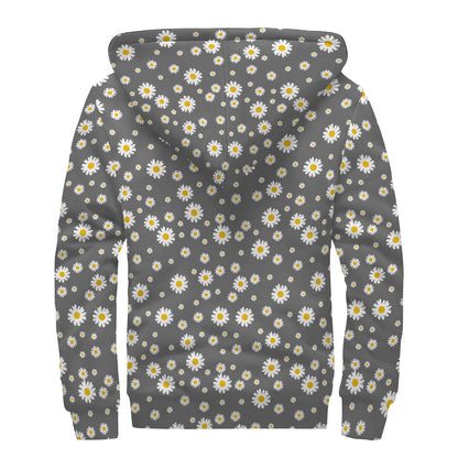 Grey Daisy Floral Pattern Print Sherpa Lined Zip Up Hoodie