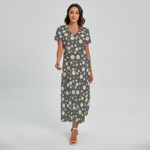 Grey Daisy Floral Pattern Print Short Sleeve Maxi Dress