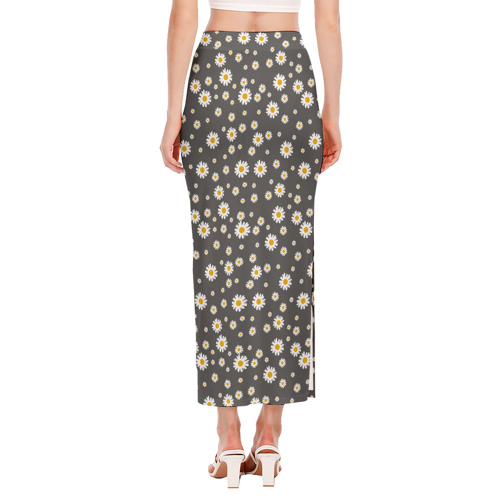 Grey Daisy Floral Pattern Print Side Slit Maxi Skirt