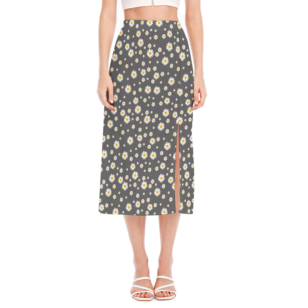 Grey Daisy Floral Pattern Print Side Slit Midi Skirt