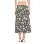 Grey Daisy Floral Pattern Print Side Slit Midi Skirt