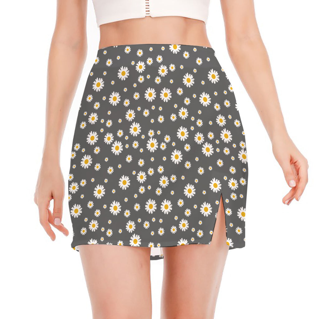 Grey Daisy Floral Pattern Print Side Slit Mini Skirt