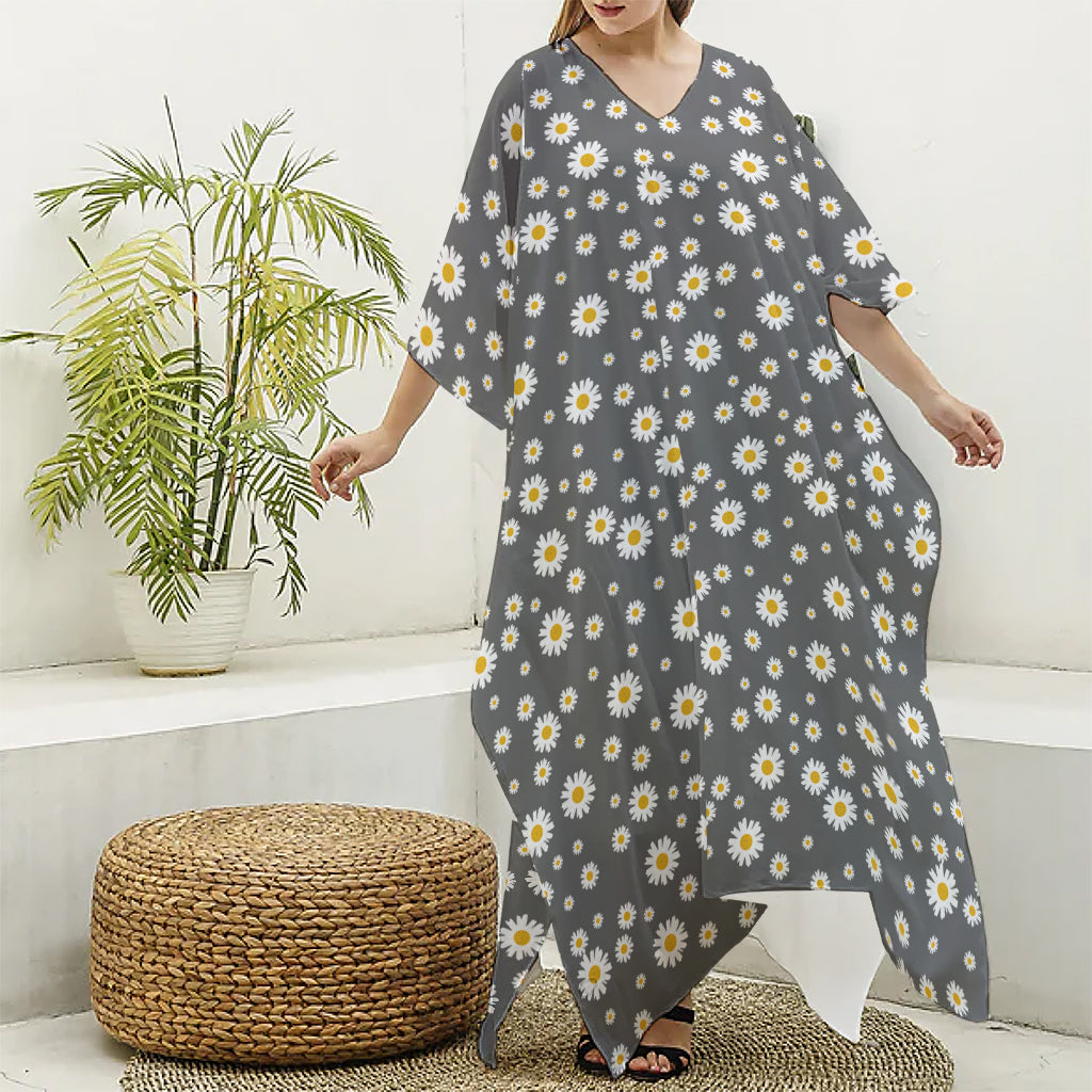Grey Daisy Floral Pattern Print Silk V-Neck Kaftan Dress