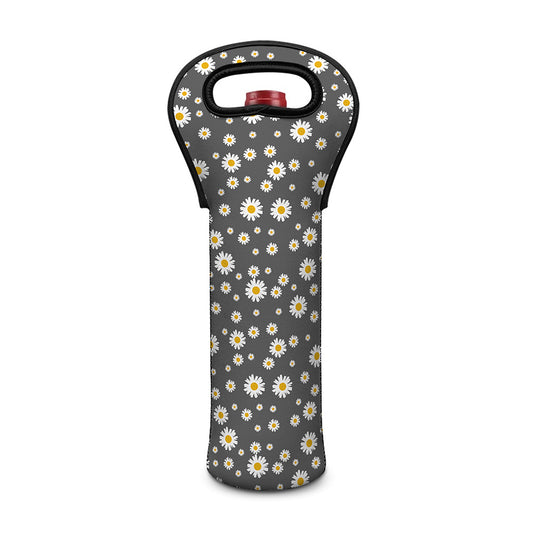 Grey Daisy Floral Pattern Print Single Neoprene Wine Tote