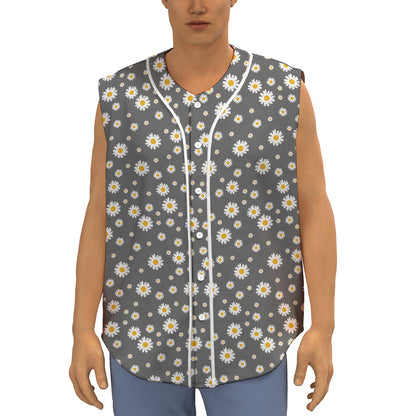 Grey Daisy Floral Pattern Print Sleeveless Baseball Jersey