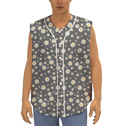 Grey Daisy Floral Pattern Print Sleeveless Baseball Jersey