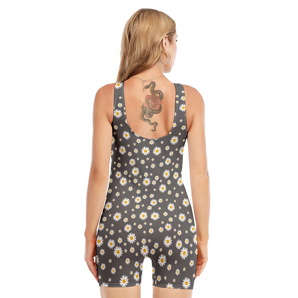 Grey Daisy Floral Pattern Print Sleeveless One Piece Swimsuit