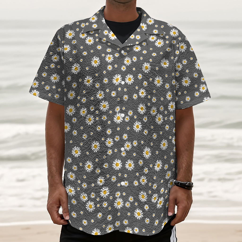 Grey Daisy Floral Pattern Print Textured Short Sleeve Shirt