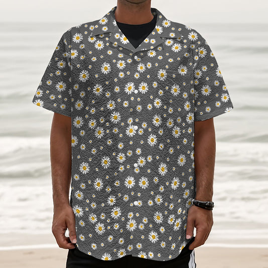 Grey Daisy Floral Pattern Print Textured Short Sleeve Shirt