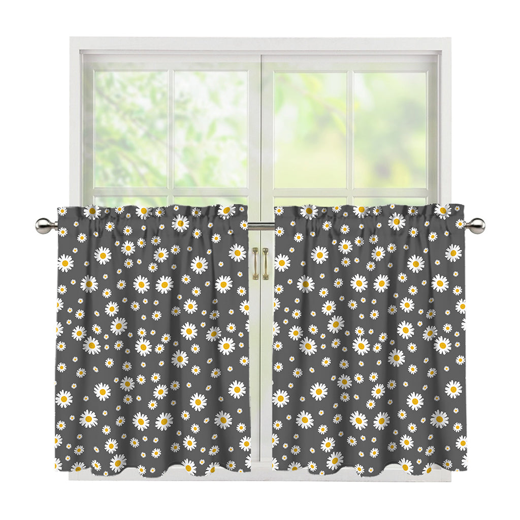 Grey Daisy Floral Pattern Print Tier Curtains