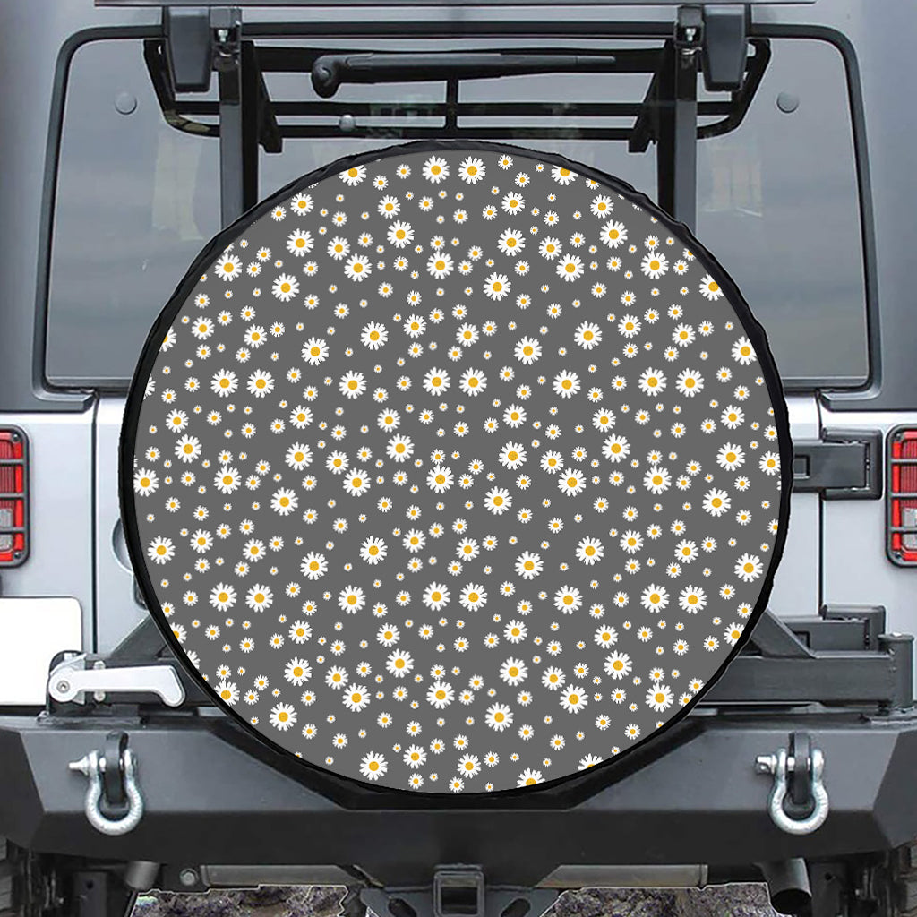 Grey Daisy Floral Pattern Print Tire Cover