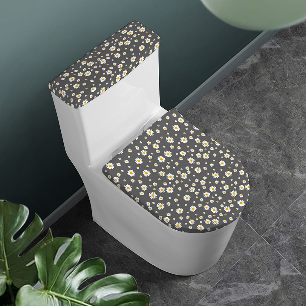 Grey Daisy Floral Pattern Print Toilet Lid And Tank Cover Set