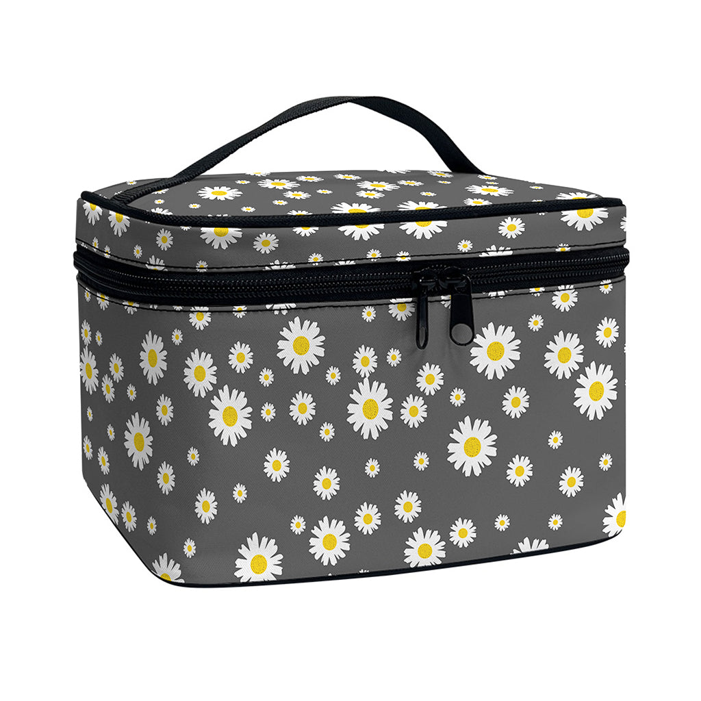 Grey Daisy Floral Pattern Print Travel Makeup Bag