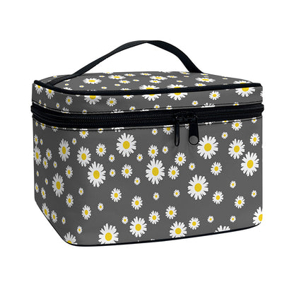Grey Daisy Floral Pattern Print Travel Makeup Bag