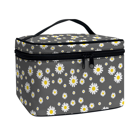 Grey Daisy Floral Pattern Print Travel Makeup Bag
