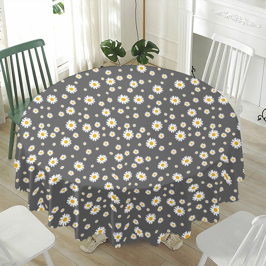 Grey Daisy Floral Pattern Print Waterproof Round Tablecloth