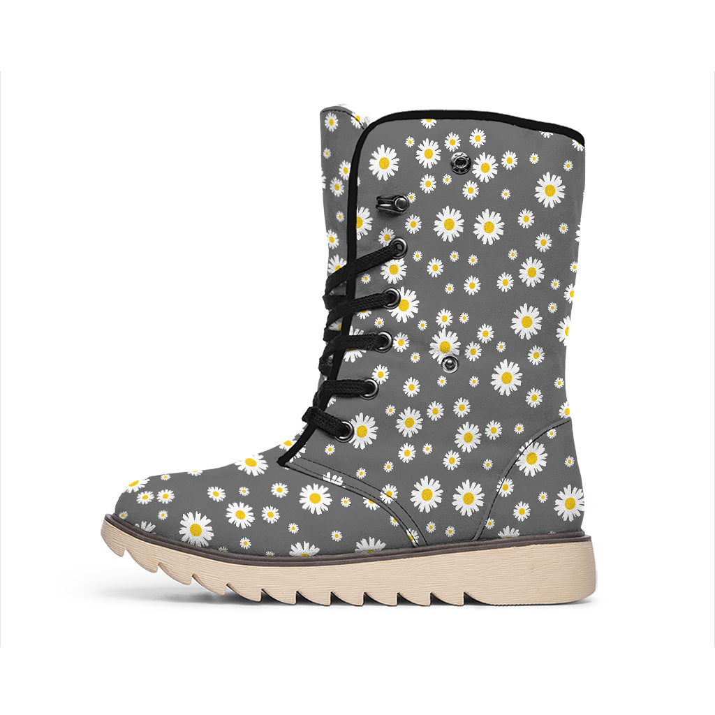 Grey Daisy Floral Pattern Print Winter Boots
