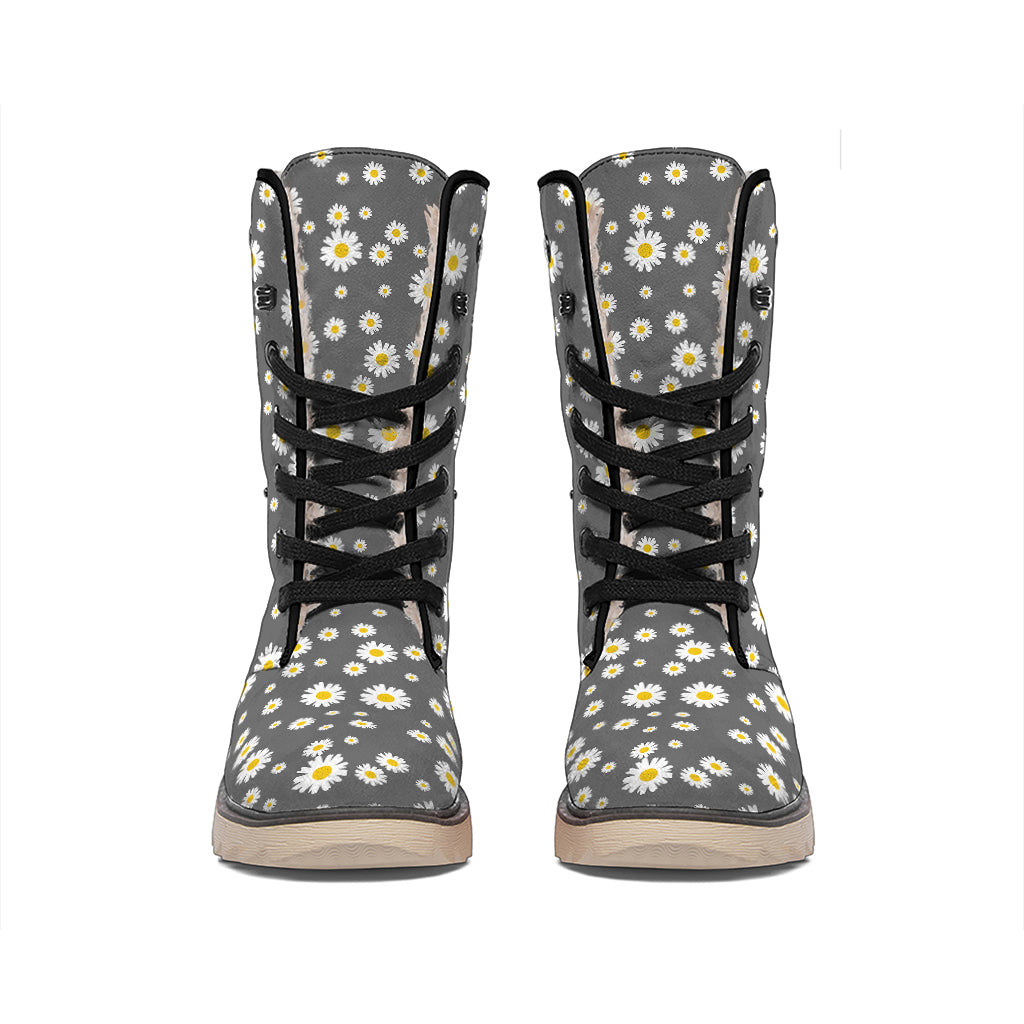Grey Daisy Floral Pattern Print Winter Boots