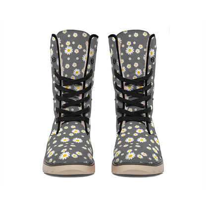 Grey Daisy Floral Pattern Print Winter Boots