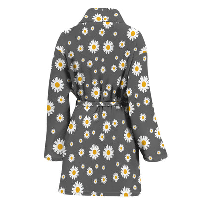 Grey Daisy Floral Pattern Print Women's Bathrobe