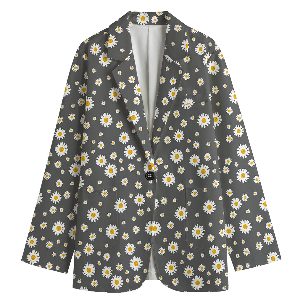 Grey Daisy Floral Pattern Print Women's Cotton Blazer