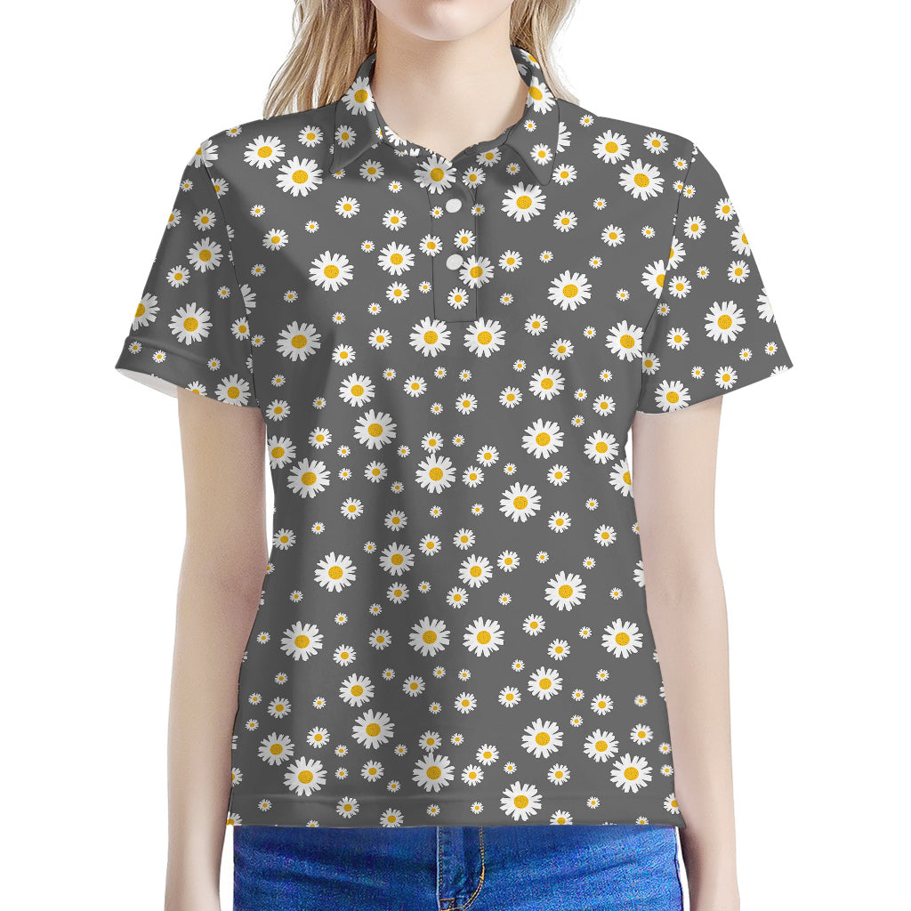 Grey Daisy Floral Pattern Print Women's Polo Shirt