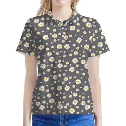 Grey Daisy Floral Pattern Print Women's Polo Shirt