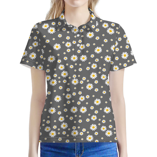 Grey Daisy Floral Pattern Print Women's Polo Shirt