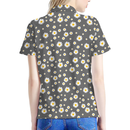 Grey Daisy Floral Pattern Print Women's Polo Shirt