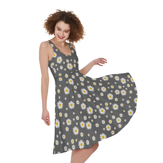 Grey Daisy Floral Pattern Print Women's Sleeveless Dress
