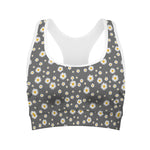 Grey Daisy Floral Pattern Print Women's Sports Bra