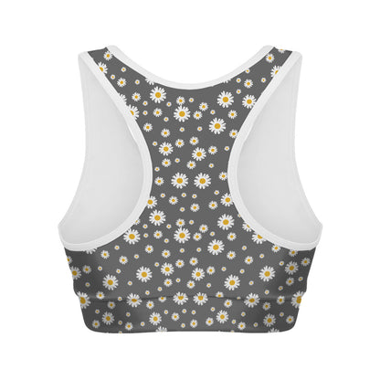 Grey Daisy Floral Pattern Print Women's Sports Bra