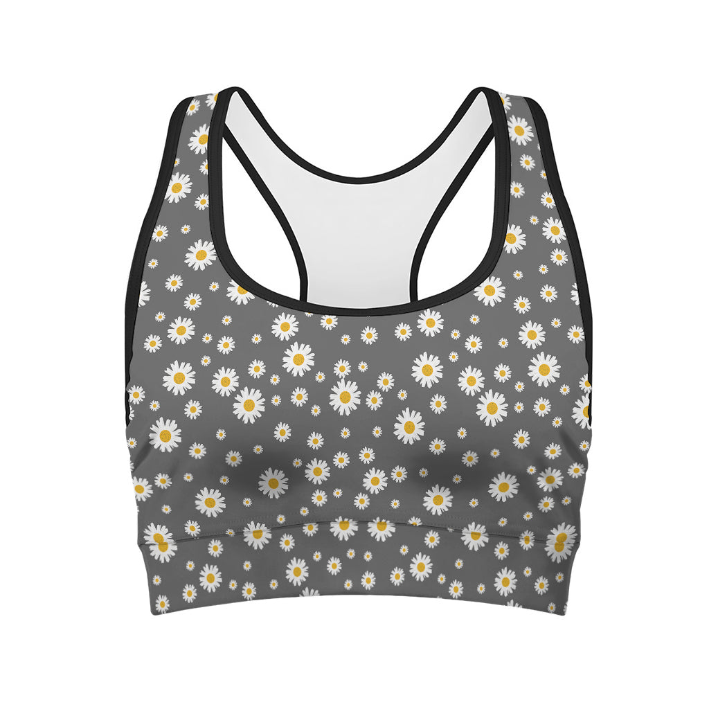 Grey Daisy Floral Pattern Print Women's Sports Bra