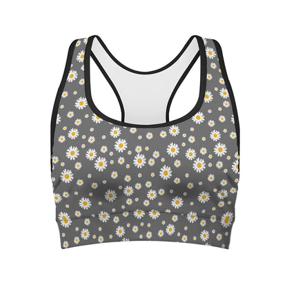 Grey Daisy Floral Pattern Print Women's Sports Bra