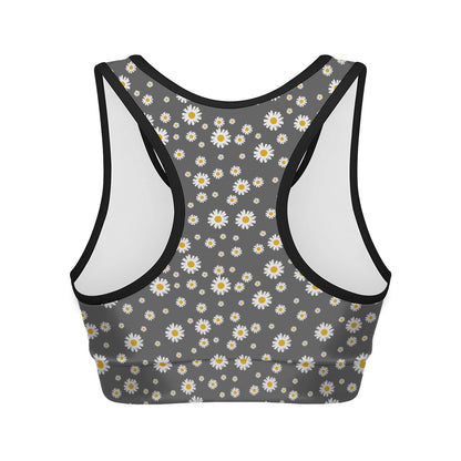 Grey Daisy Floral Pattern Print Women's Sports Bra