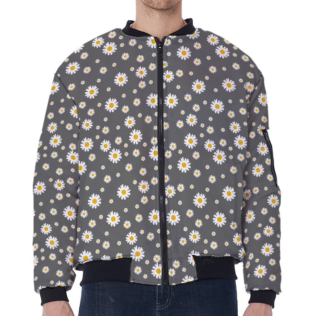 Grey Daisy Floral Pattern Print Zip Sleeve Bomber Jacket
