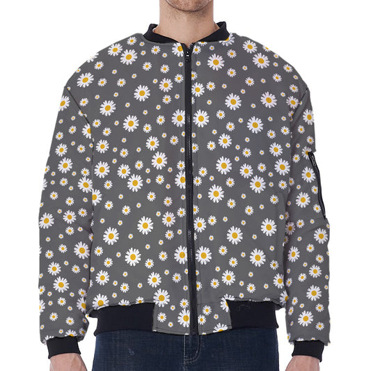 Grey Daisy Floral Pattern Print Zip Sleeve Bomber Jacket