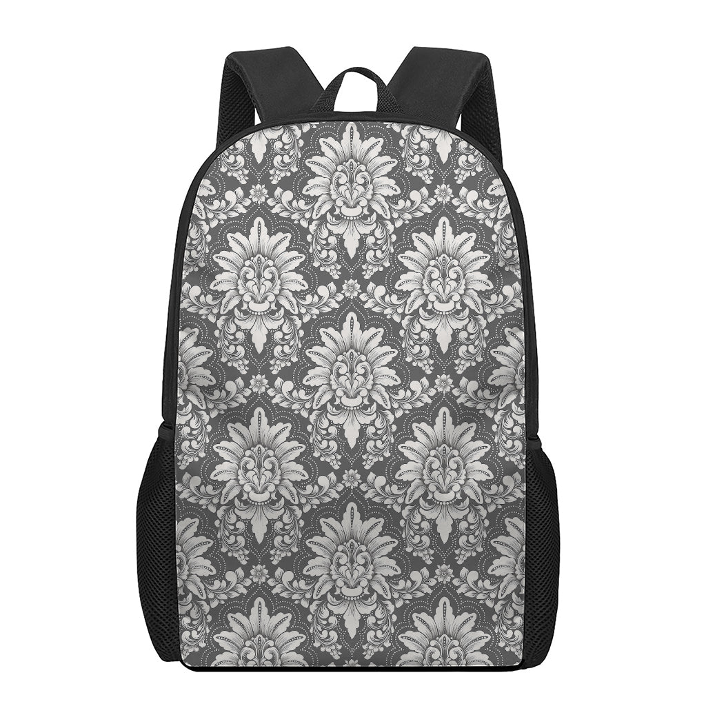 Grey Damask Pattern Print 17 Inch Backpack