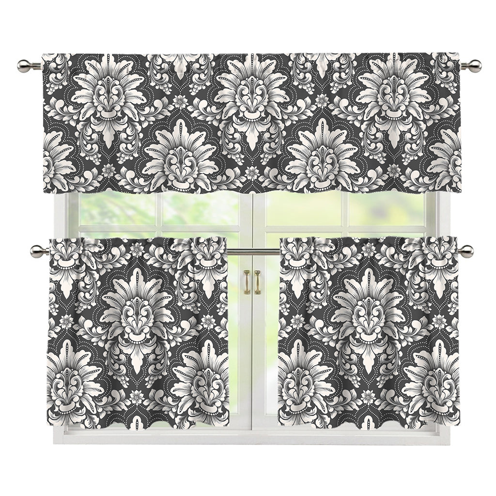 Grey Damask Pattern Print 3 Piece Kitchen Curtains
