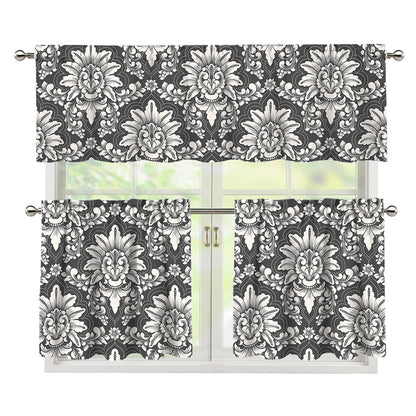 Grey Damask Pattern Print 3 Piece Kitchen Curtains