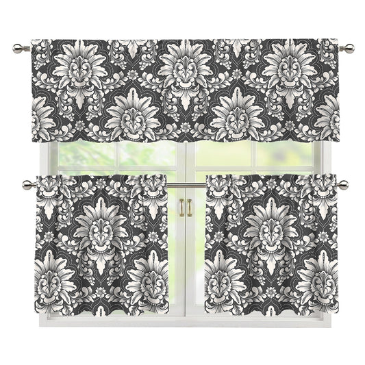 Grey Damask Pattern Print 3 Piece Kitchen Curtains