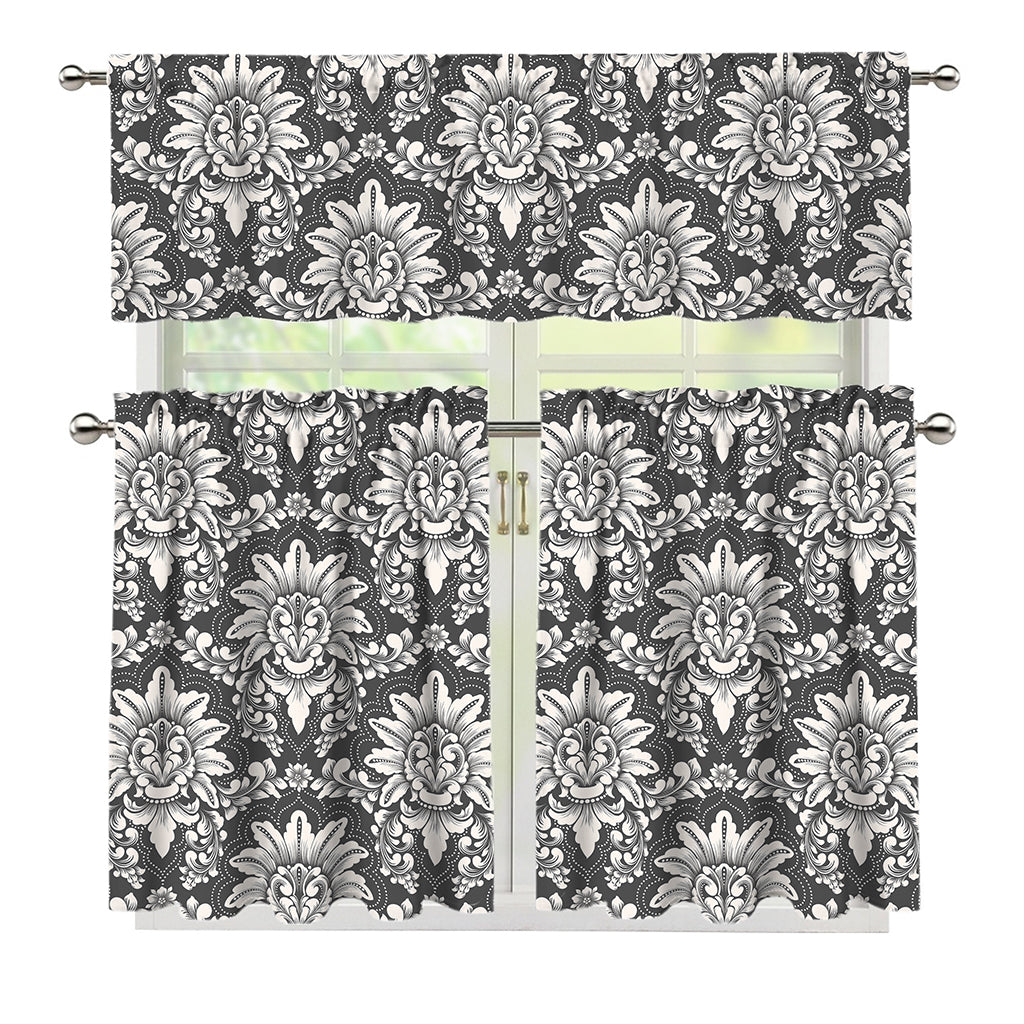 Grey Damask Pattern Print 3 Piece Kitchen Curtains