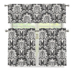 Grey Damask Pattern Print 3 Piece Kitchen Curtains