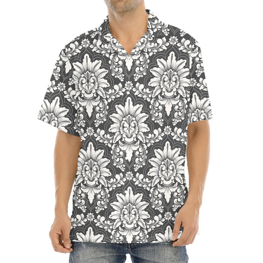 Grey Damask Pattern Print Aloha Shirt