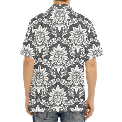 Grey Damask Pattern Print Aloha Shirt