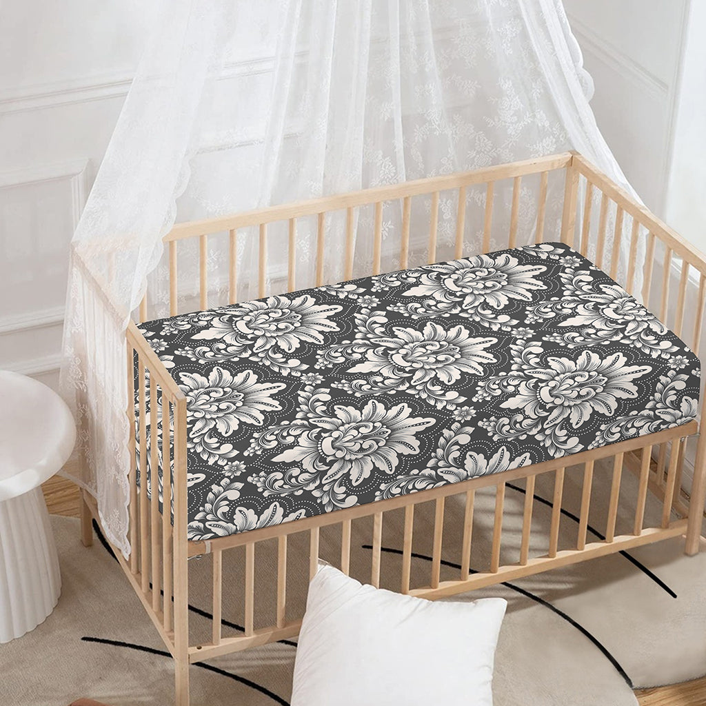 Grey Damask Pattern Print Baby Crib Sheet
