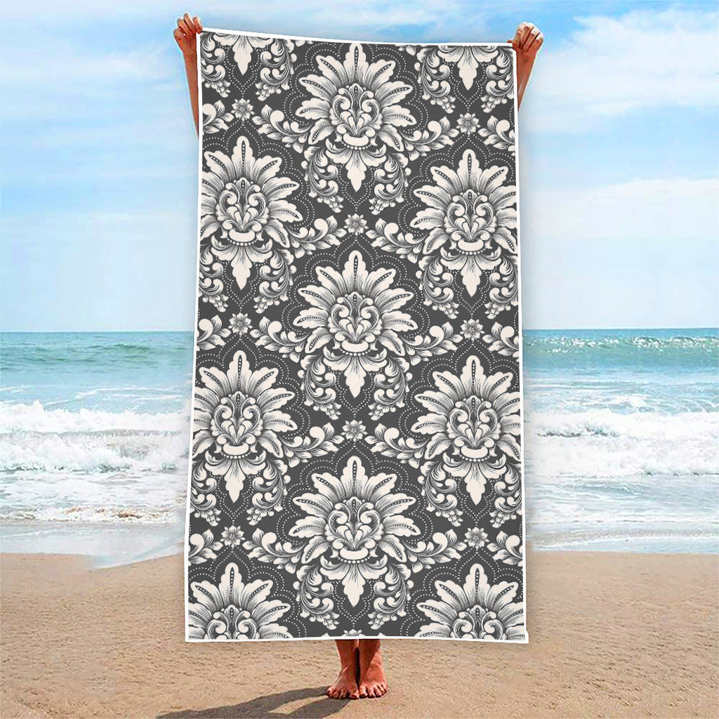 Grey Damask Pattern Print Beach Towel