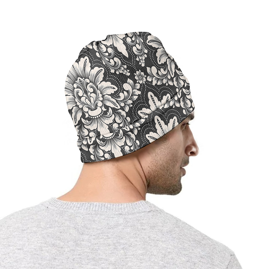 Grey Damask Pattern Print Beanie
