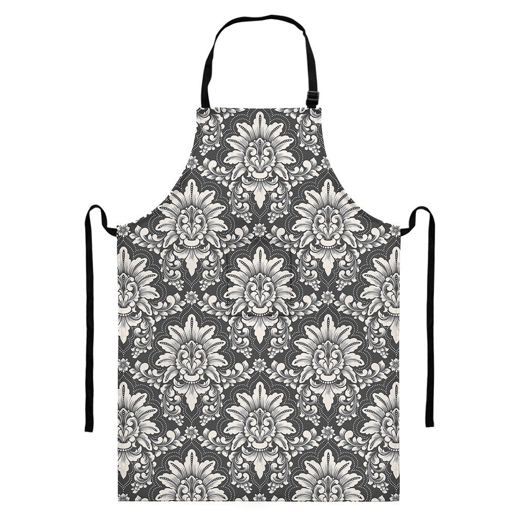 Grey Damask Pattern Print Bib Apron With Pocket